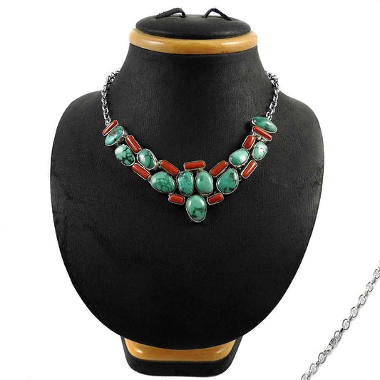 Woman Gift Natural Turquoise Cluster Bohemian Necklace 925 Silver E2