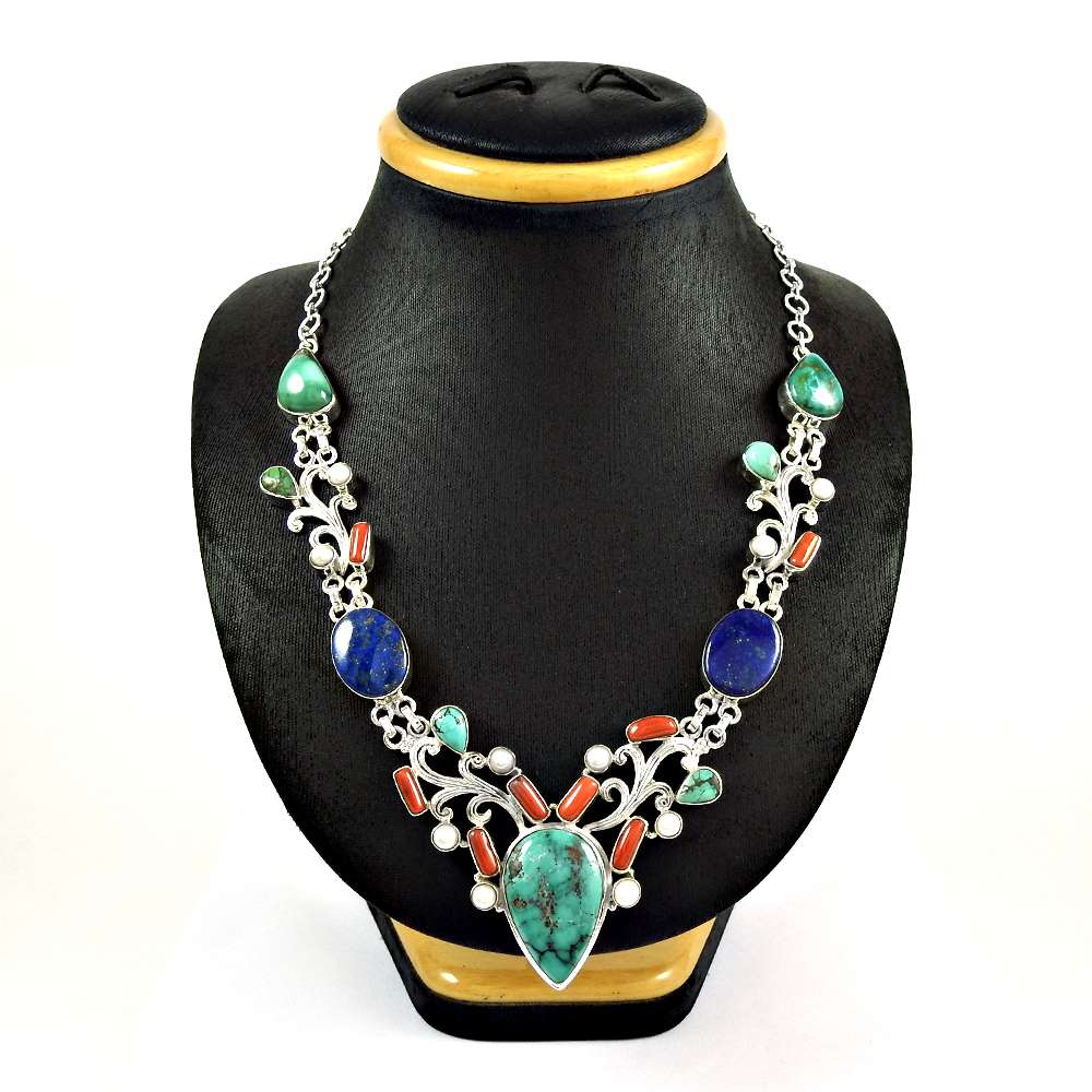 Woman Gift Natural Turquoise Gemstone 925 Silver Cluster Necklace H2