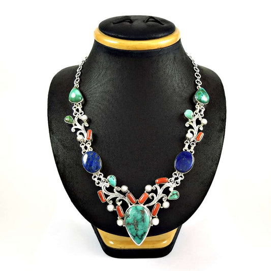 Woman Gift Natural Turquoise Gemstone 925 Silver Cluster Necklace H2