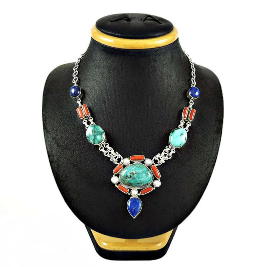 Natural Turquoise Gemstone 925 Silver Cluster Bohemian Necklace For Girls F2