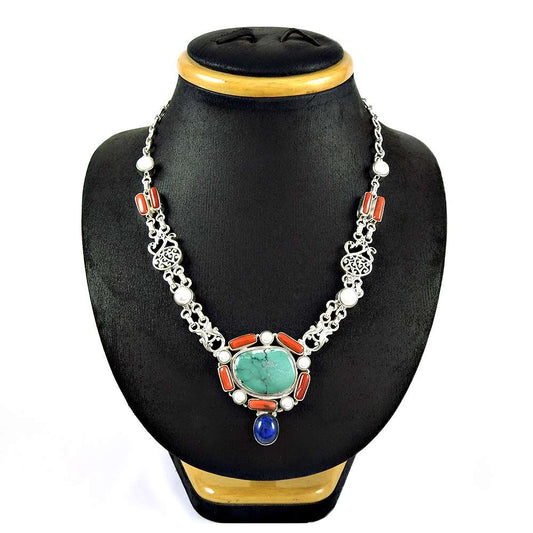 Woman Gift Cluster Boho Necklace 925 Silver Natural Turquoise Gemstone G2
