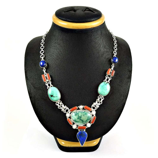 Woman Gift Natural Turquoise Cluster Bohemian Necklace 925 Silver H2