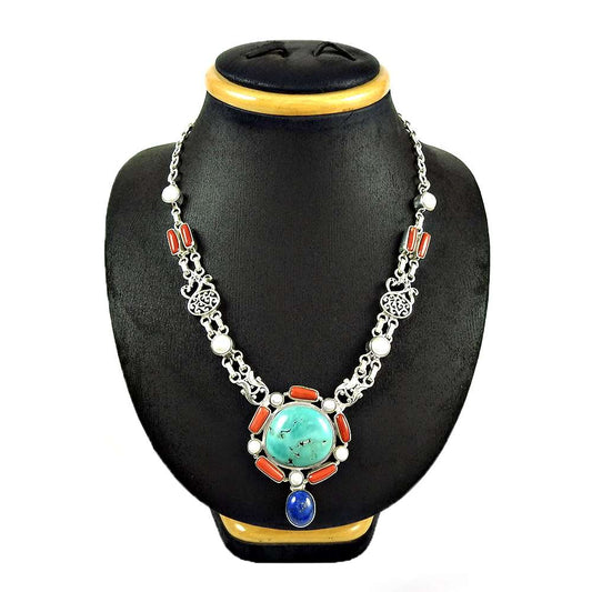 Woman Gift Natural Turquoise Cluster Tribal Necklace 925 Sterling Silver I2