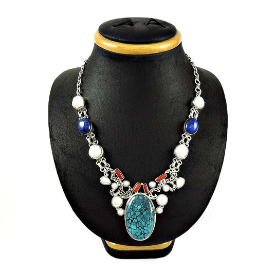 Woman Gift Natural Turquoise Cluster Turkish Necklace 925 Sterling Silver J2
