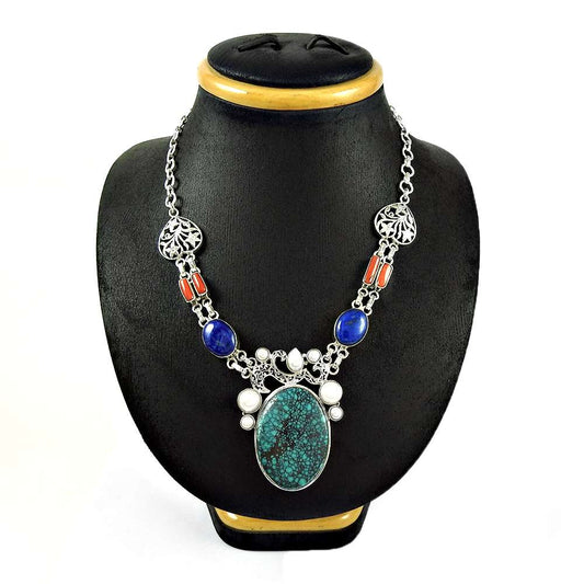 Woman Gift Natural Turquoise Cluster Tribal Necklace 925 Sterling Silver K2