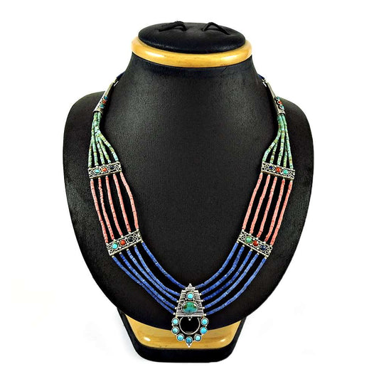 Natural Turquoise Gemstone Cluster Bohemian Necklace 925 Silver For Women O4