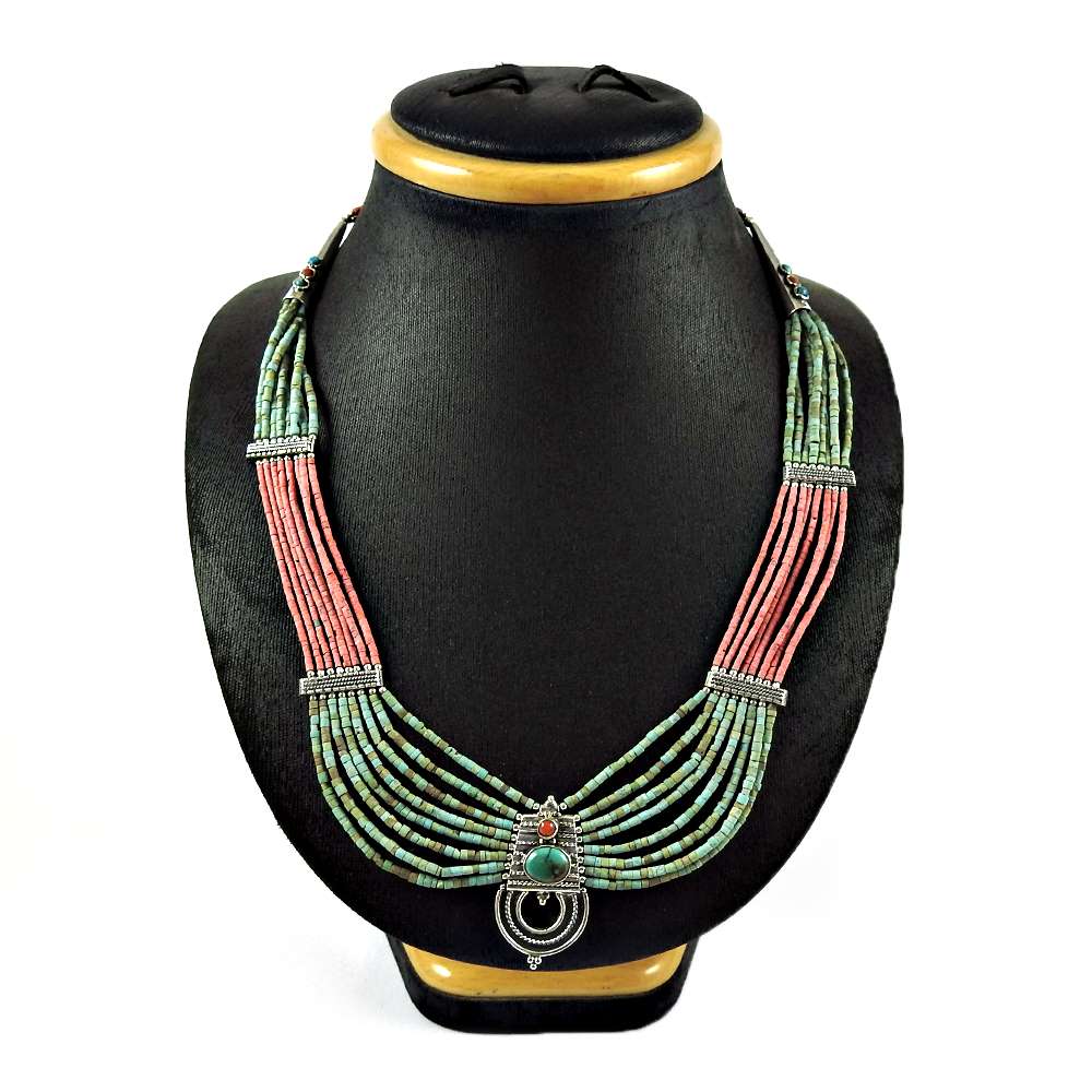 Natural Turquoise Gemstone 925 Silver Cluster Bohemian Necklace For Women P4