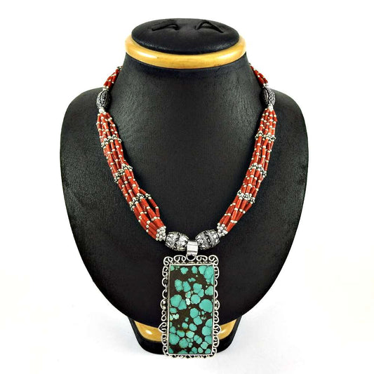 Woman Gift Natural Turquoise Cluster Boho Necklace 925 Sterling Silver J2