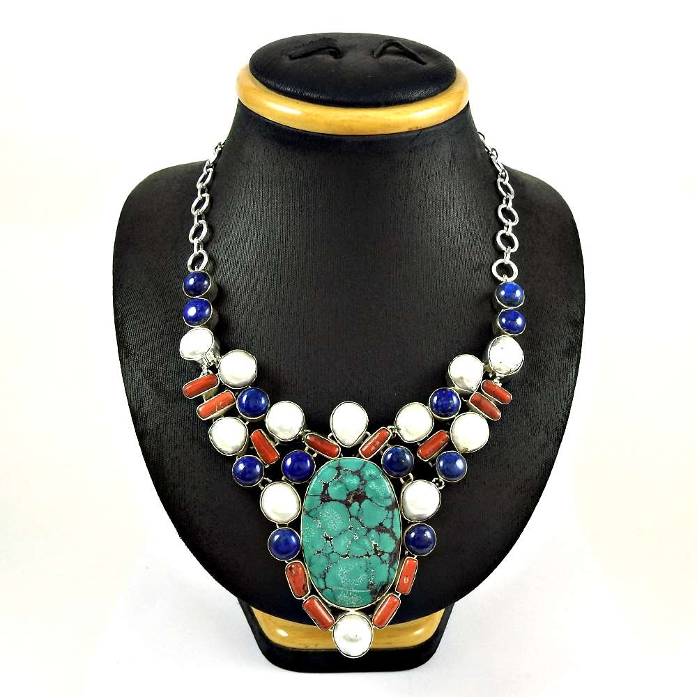 Woman Gift Natural Turquoise Gemstone 925 Sterling Silver Necklace V2