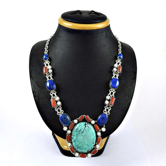 Woman Gift Necklace 925 Sterling Silver Natural Turquoise Gemstone X2