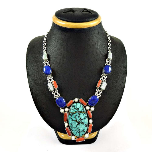 Woman Gift Natural Turquoise Gemstone Cluster Turkish Necklace 925 Silver A3