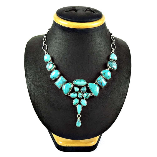 Natural Turquoise Gemstone Cluster BOHO Necklace 925 Sterling Silver Jewelry J5