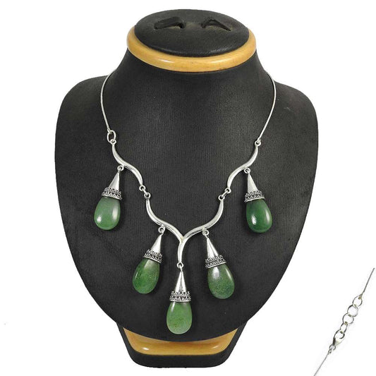 Natural Green Jade Gemstone 925 Sterling Silver Cluster Necklace For Women O5