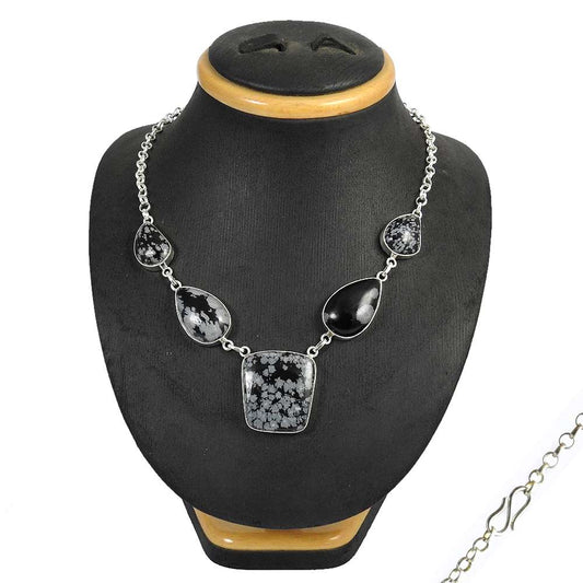 Natural Snowflake Obsidian Gemstone 925 Silver Cluster Necklace For Girls R5