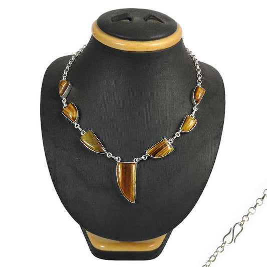 Natural Tiger'S Eye Gemstone 925 Sterling Silver Cluster Necklace For Women X5
