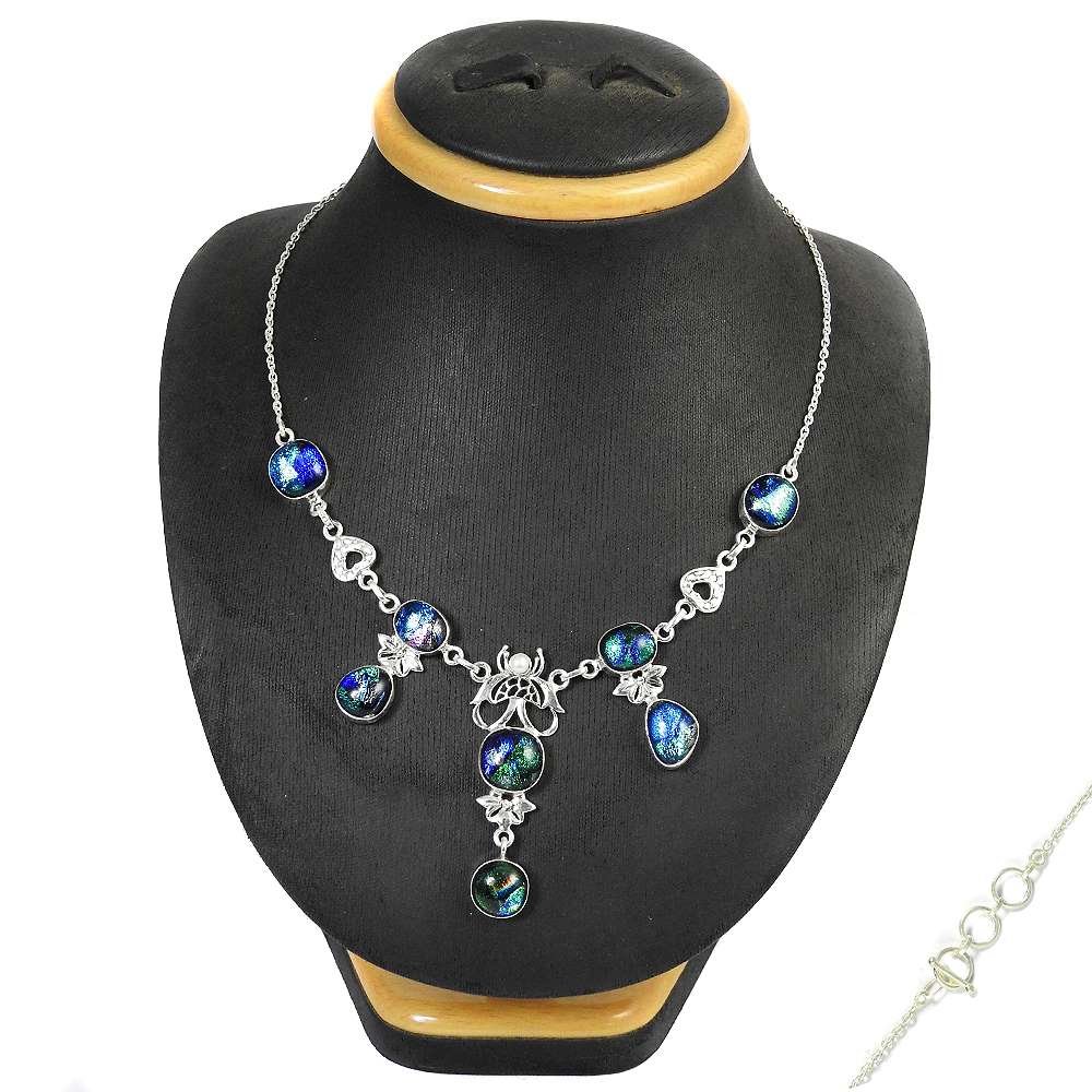 Natural Dico Glass Gemstone Cluster Boho Necklace 925 Silver For Women Z5