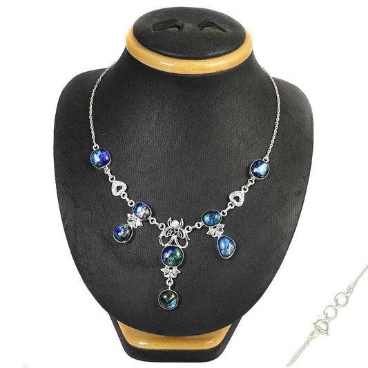 Natural Dico Glass Gemstone Cluster Boho Necklace 925 Silver For Women Z5