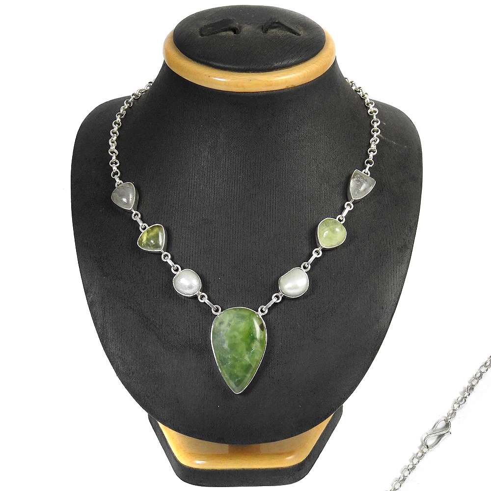 Natural Prehnite Gemstone 925 Sterling Silver Cluster Necklace For Women C6