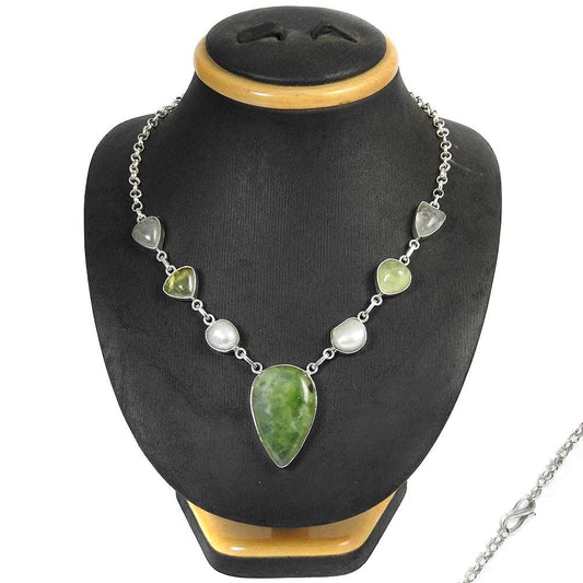Natural Prehnite Gemstone 925 Sterling Silver Cluster Necklace For Women C6