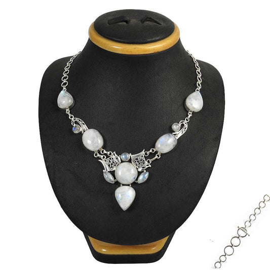 Woman Gift Cluster Necklace 925 Silver Natural Rainbow Moonstone Gemstone E6
