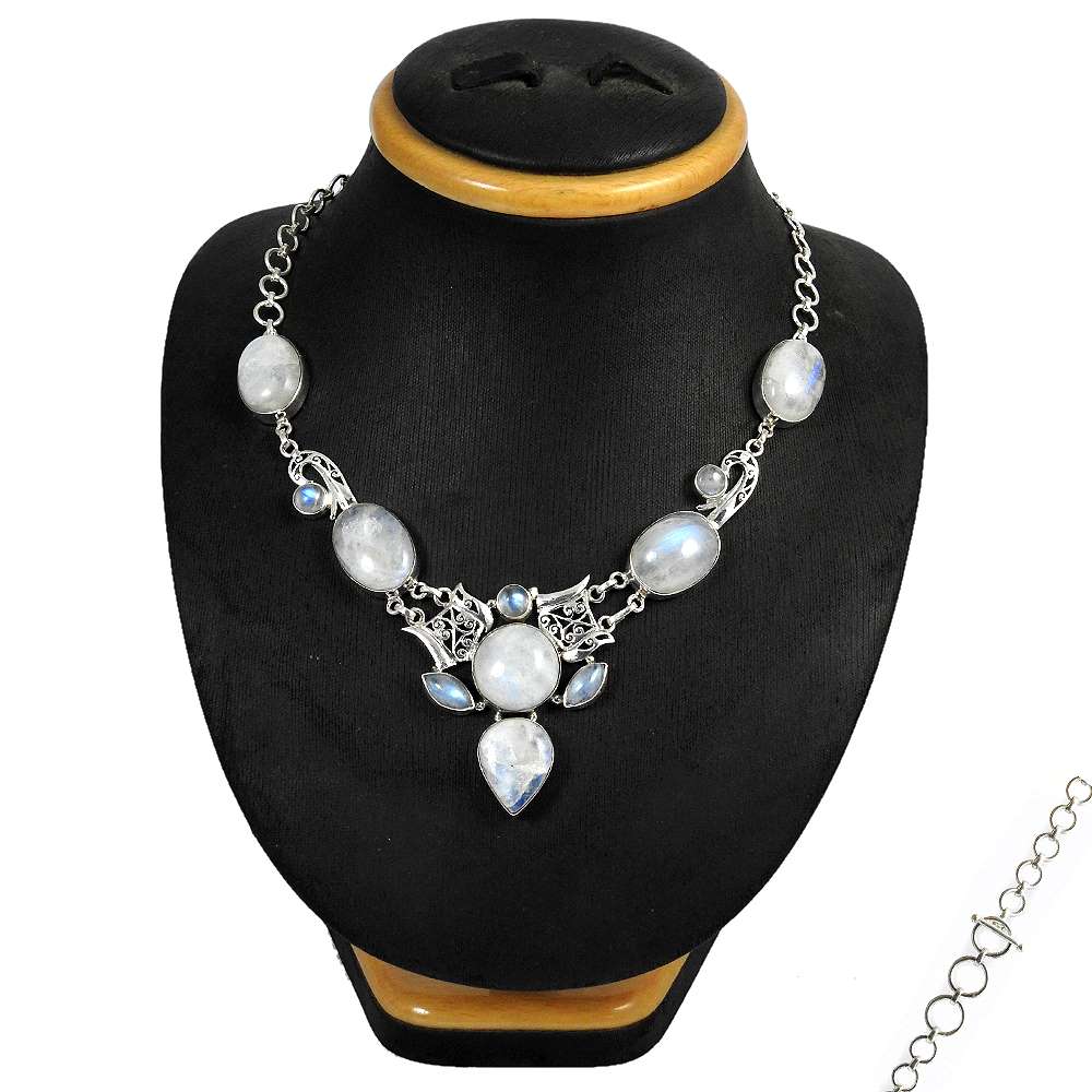 Woman Gift 925 Silver Natural Rainbow Moonstone Gemstone Cluster Necklace F6