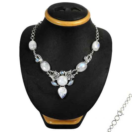 Woman Gift 925 Silver Natural Rainbow Moonstone Gemstone Cluster Necklace F6