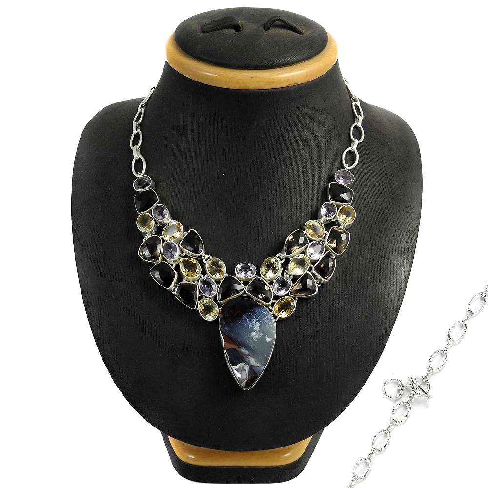 Woman Gift Natural Citrine Gemstone Cluster Necklace 925 Sterling Silver F3