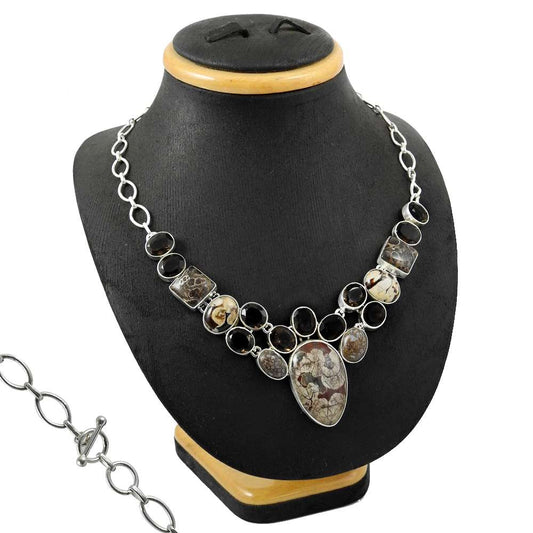 Woman Gift Natural Picture Jasper Cluster Necklace 925 Silver R6