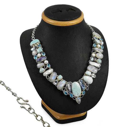 Woman Gift Natural Larimar Gemstone Cluster Necklace 925 Sterling Silver G3