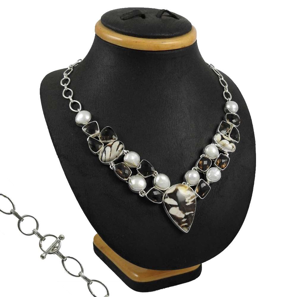 Woman Gift Natural Picture Jasper Gemstone 925 Silver Cluster Necklace H3