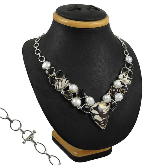 Woman Gift Natural Picture Jasper Gemstone 925 Silver Cluster Necklace H3