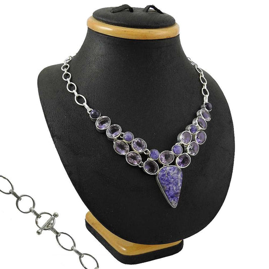 Natural Sujilite Gemstone 925 Sterling Silver Cluster Necklace For Women W6