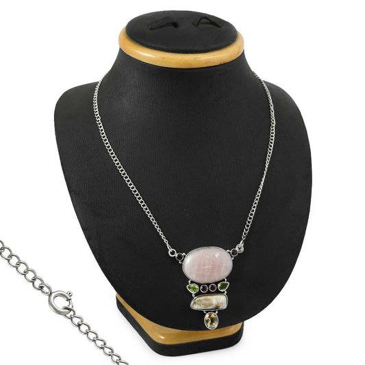 Natural Rose Quartz Gemstone 925 Silver Cluster Tribal Necklace For Women D3
