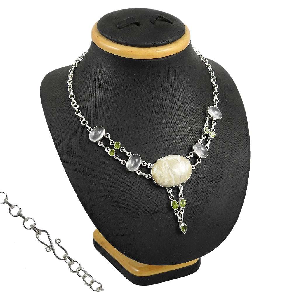 Natural Jasper Gemstone Cluster Necklace 925 Sterling Silver For Girls E7