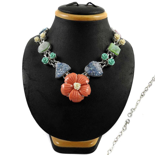 Natural Pyrite Druzy Gemstone Cluster Ethnic Necklace 925 Sterling Silver E3