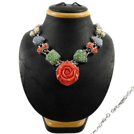 Natural Druzy Gemstone Cluster Green Necklace 925 Sterling Silver Jewelry G7
