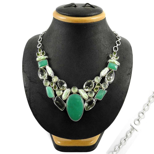 Natural Chrysoprase Gemstone Cluster Necklace 925 Sterling Silver N3