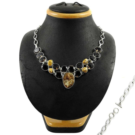 Natural Smoky Quartz Gemstone Cluster Ethnic Necklace 925 Sterling Silver H3