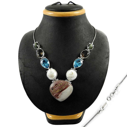 Woman Gift Natural Jasper Cluster Statement Necklace 925 Sterling Silver I3