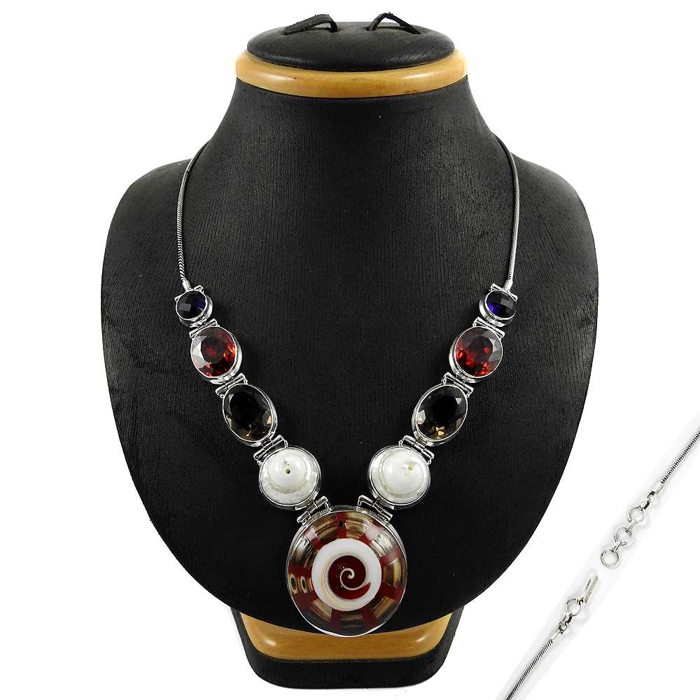 Natural Shell Gemstone Cluster Ethnic Necklace 925 Sterling Silver For Girls J3