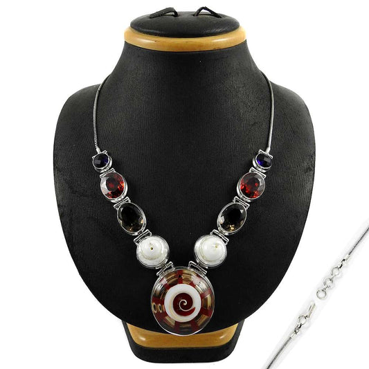 Natural Shell Gemstone Cluster Ethnic Necklace 925 Sterling Silver For Girls J3