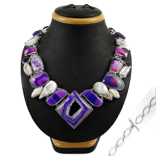 Woman Gift 925 Sterling Silver Natural Druzy Gemstone Cluster Necklace Q3