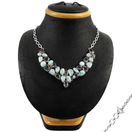 Woman Gift Natural Larimar Gemstone Cluster Necklace 925 Sterling Silver T3