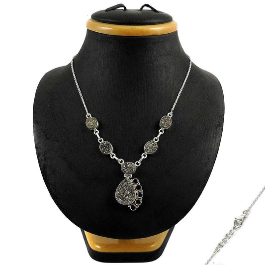 Woman Gift Natural Druzy Gemstone Cluster Necklace 925 Sterling Silver U3