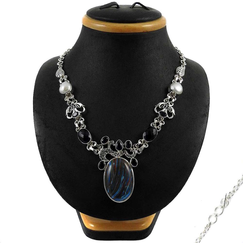 Natural Rainbow Clacilica Gemstone Cluster Blue Necklace 925 Sterling Silver R7