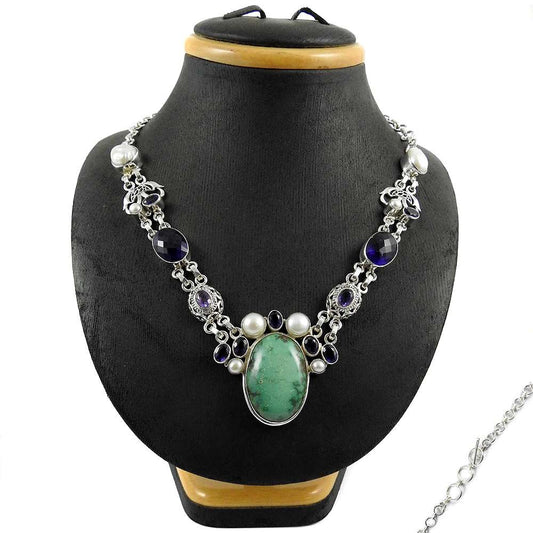 Natural Turquoise Gemstone Cluster Boho Necklace 925 Silver For Women S7