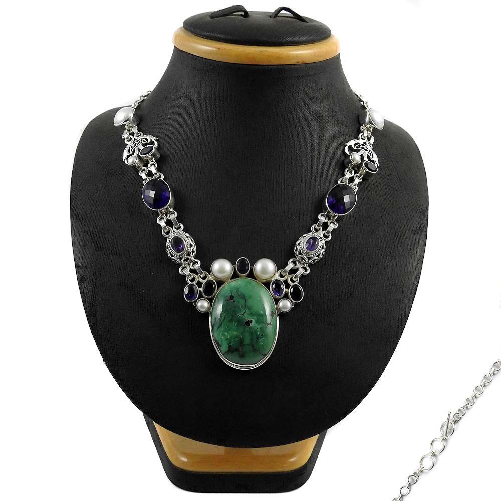 Woman Gift 925 Sterling Silver Natural Turquoise Gemstone Necklace V3