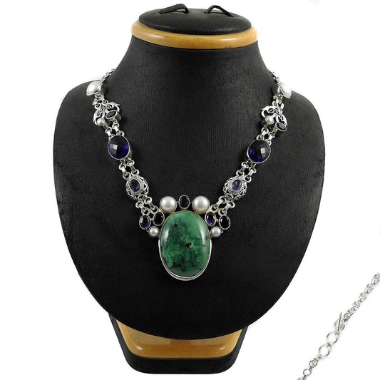 Woman Gift 925 Sterling Silver Natural Turquoise Gemstone Necklace V3