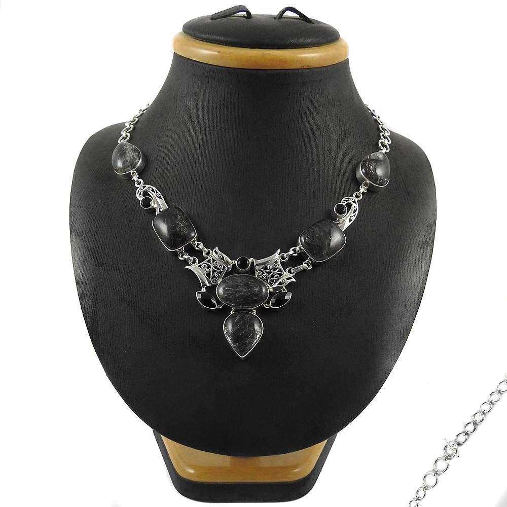 Woman Gift Natural Black Rutile Cluster Boho Necklace 925 Silver W7