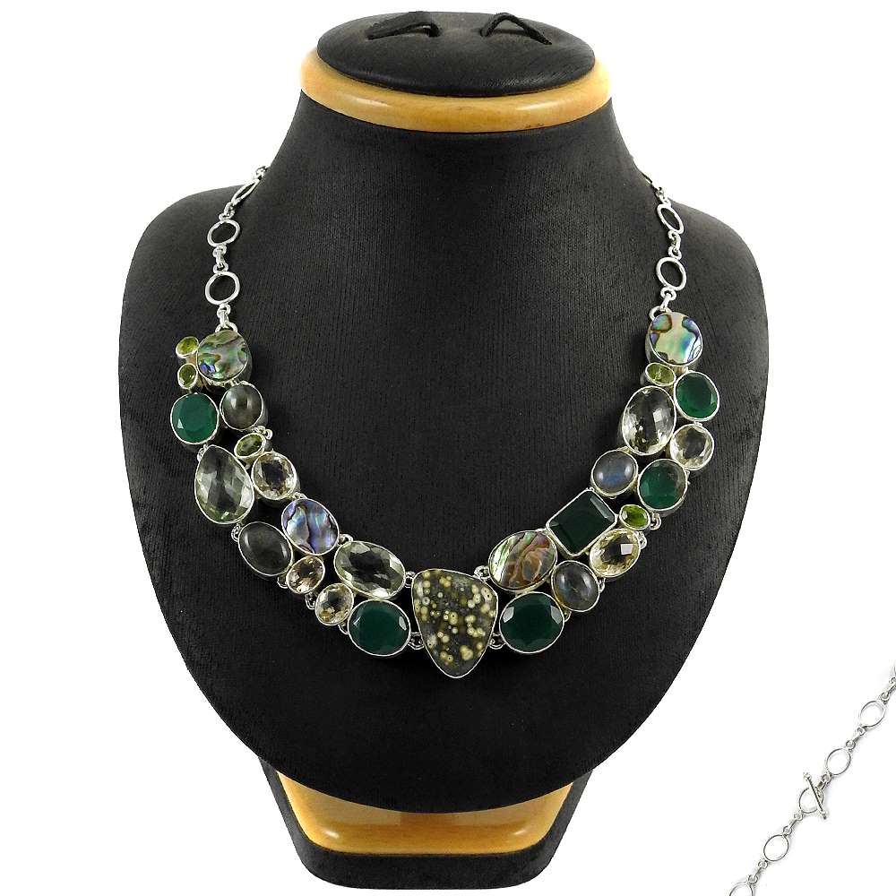 Woman Gift Natural Onyx Gemstone Cluster Necklace 925 Sterling Silver Y3